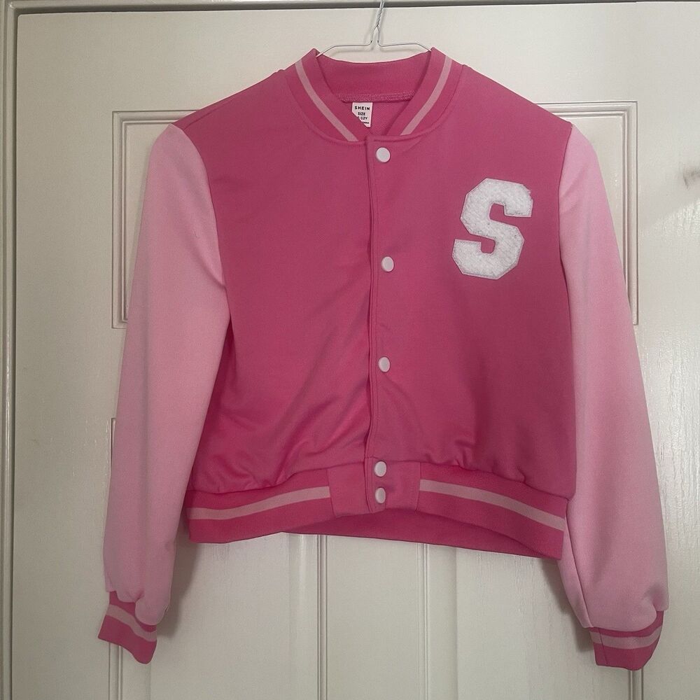 Shein Pink Tween Patchwork Letter “S” Button Up Letter Varsity Jacket Sz 10-12y